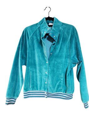 Vintage White Stag Teal Velour Snap-Up Jacket With Striped Ribbed Hem & Cuffs